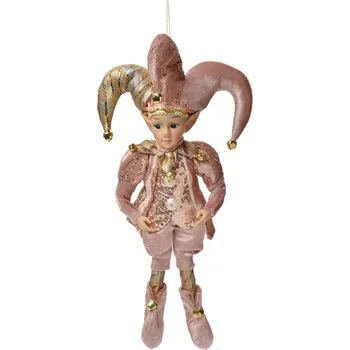 Růžová závěsná dekorace Elf v šaškovském obleku - 20*8*37 cm