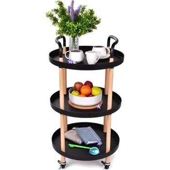 Servírovací stolek TROLLEY | pojízdný vozík 3patrový | multifunkční kulatý regál na kolečkách | výška 86 cm | černý