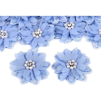 Květ s broušeným kamínkem a korálky k našití a nalepení Ø5 cm modrá světlá 10 ks