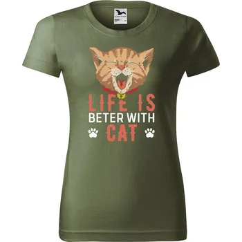 Dámské tričko DOBRÝ TRIKO Dámské tričko s potiskem With cat Barva: Khaki, Velikost: S