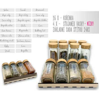 Kořenka usporadejto.cz Sada 16ks kořenek s bambusovým víčkem DECOR 120ml + 4ks organizér na kořenky VASKY (nízký) + sada 24ks štítků
