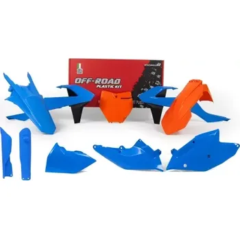 Auto-moto sada plastů KTM (speciální edice Troy Lee Designs), RTECH (modro-oranžovo-černá, 7 dílů, vč. chráničů vidlic) M400-1134