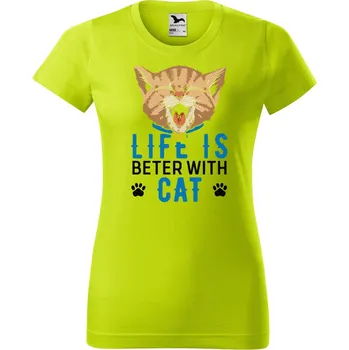 Dámské oblečení DOBRÝ TRIKO Dámské tričko s potiskem With cat Barva: Limetková, Velikost: S