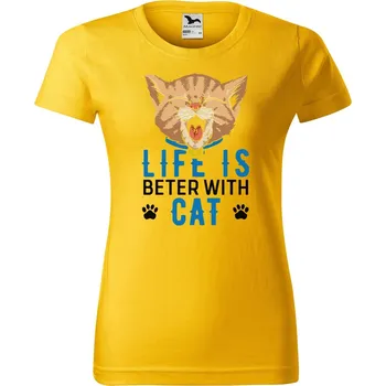 Dámské tričko DOBRÝ TRIKO Dámské tričko s potiskem With cat Barva: Žlutá, Velikost: S