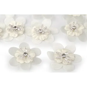 Galanterie Květ s broušeným kamínkem a korálky k našití a nalepení Ø4,5 cm krémová světlá 10 ks