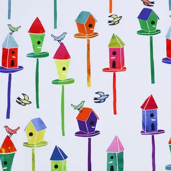 Bavlněné plátno bílé s barevnými ptačími budkami, š. 150