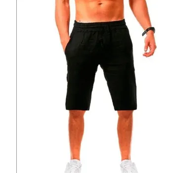 Pánské kraťasy Pánské lněné letní kraťasy po kolena Prodyšné šortky se stahovací šňůrkou Pohodlné volnočasové kraťasy na pláž a do města černá S