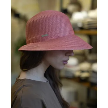 Klobouk SEEBERGER Letní dámský nemačkavý růžový klobouk - cloche se zkrácenou krempou vzadu - UV faktor 80 Velikost: 57 cm (M)
