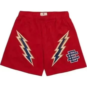 Pánské kraťasy Pánské sportovní síťované kraťasy do posilovny Volnočasové šortky s potiskem blesků Rychleschnoucí tréninkové kraťasy na léto červená M