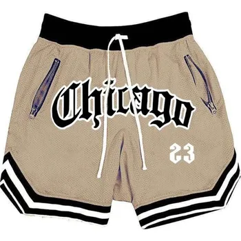 Pánské rychleschnoucí sportovní kraťasy Chicago Basketbalové fitness šortky s kapsami na zip Volné tréninkové kraťasy na léto béžova XXL