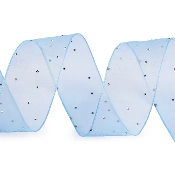 Stuha Organzová stuha s broušenými kamínky šíře 38 mm modrá světlá 1 m