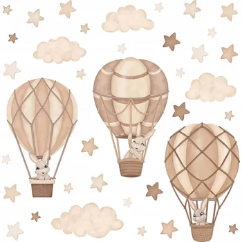 Samolepící dekorace Nálepky na zeď králíčci balónky boho béžové obláčky hvězdičky pokoj