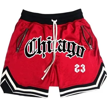 Pánské oblečení Pánské rychleschnoucí sportovní kraťasy Chicago Basketbalové fitness šortky s kapsami na zip Volné tréninkové kraťasy na léto červená L