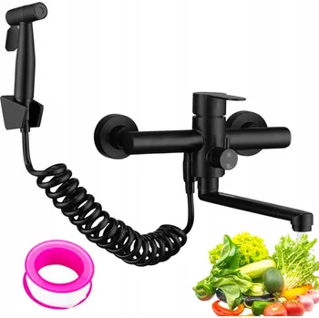 Vodovodní baterie KUCHYŇSKÁ BATERIE NÁSTĚNNÁ S VYTÁHNOU SPRCHOU G1/2 VYSOKÁ ČERNÁ