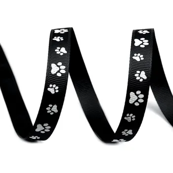 Stuha Rypsová stuha / popruh šíře 10 mm potisk tlapky černá 45 m