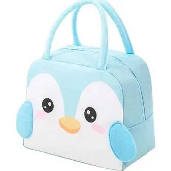 Dětská termo taška 23x14x19 cm Modrá barva Motiv tučňáka Izolační svačinová taška Obědová taška do školy Zip Přenosná Lehká