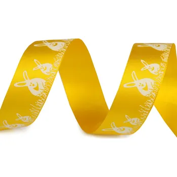 Stuha Saténová stuha Velikonoce šíře 24 mm zajíčci žlutá 20 m