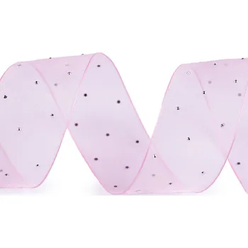 Stuha Organzová stuha s broušenými kamínky šíře 38 mm růžová sv. 1 m