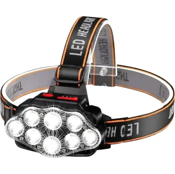 Výkonná čelovka s 8 LED diodami USB dobíjecí 90° otočná hlava Silné světlo Nastavitelný elastický popruh Outdoor práce