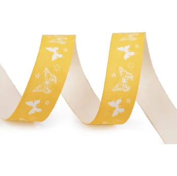 Stuha Bavlněná stuha šíře 15 mm motýlci žlutá 90 m