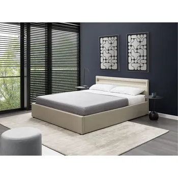 Postel Postel béžová látkové čalounění 160 x 200 cm s úložným prostorem LED barevné osvětlené čelo lamelový rošt ložnice Beliani