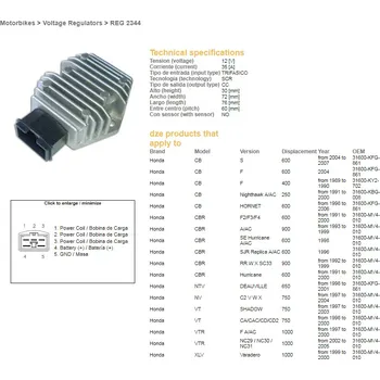 Elektroinstalace pro motocykl DZE regulátor napětí HOND CB 250 NIGHTHAWK 91-00; CB 600F HORNET 98-06; CBR 600F2/F3/F4 91-03; CBR 900RR 92-99; VT 750C 97-03; NTV 650 DEAUVILLE 98-01; VTR 1000 97-05; XLV 1000 VARADERO 99-00 (35A) (RGU-107;CL691-12;ESR580;ESR587) (DZE regulátor napětí HO