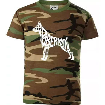 Doberman - nápis v tělě - Dětské maskáčové triko - 146 cm/10 let ( Hnědý maskáč )