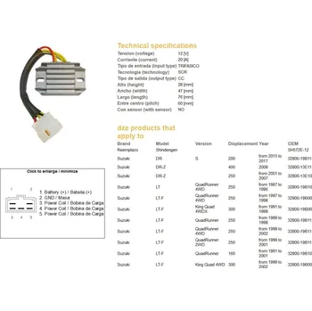 Elektroinstalace pro motocykl DZE regulátor napětí SUZUKI LT-F 160 91-01; LT-F 250 QUADRUNNER 87-98; LT-F 300 KING QUAD 91-98; DR-Z 250 01-07; DR-Z 400 09 (SH572E-12) (ESR136) (DZE regulátor napětí SUZUKI LT-F 160 91-01; LT-F 250 QUADRUNNER 87-98; LT-F 300 KING QUAD 91-98; DR-Z 250)