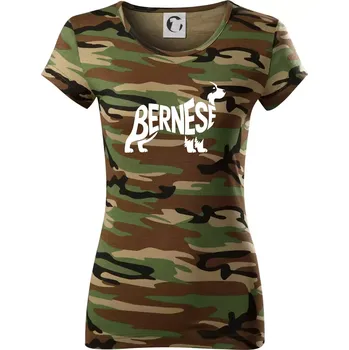 Dámské tričko Bernese Mountain Dog nápis v těle - Dámské maskáčové triko - XS ( Hnědý maskáč )