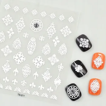 Bílé Samolepicí Vypouklé 3D Samolepky na Nehty Vzory Krajka Ornament