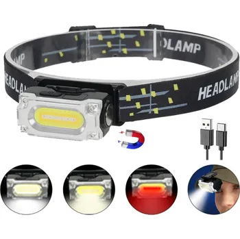 Čelovka LED čelovka s magnetem USB C 4,5 x 8,5 cm Výkonná čelová svítilna s klipem a páskem 500 m dosvit 6 režimů světla Turistická výbava