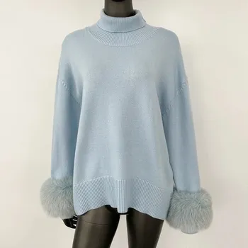 Dámský svetr oversized svetr s dlouhými rukávy a kožešinou na rukávech Barva: Modrá, Velikost: ONE SIZE