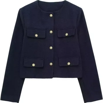 Dámské sako jarní sako s knoflíky a kapsami ve vintage stylu pro ženy Barva: Tmavě Modrá, Velikost: XS