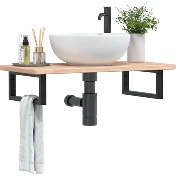 Koupelnový nábytek Deska pod umyvadlo nástěnná ocel a masivní dubové dřevo Hnědá3302329