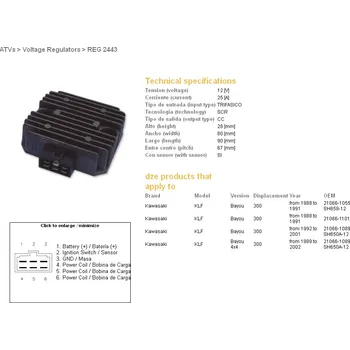 Elektroinstalace pro motocykl DZE regulátor napětí KAWASAKI KLF 300 BAYOU 88-02; KEF 300 LAKOTA 95-03; KFX 300 01-04 (SH650A-12) (21066-1089) (DZE regulátor napětí KAWASAKI KLF 300 BAYOU 88-02; KEF 300 LAKOTA 95-03; KFX 300 01-04 (SH650A-12) (21066-1089))