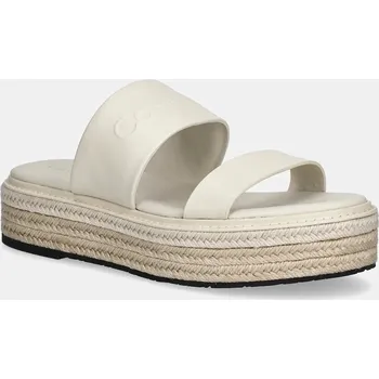 Dámské pantofle Kožené pantofle Calvin Klein FLATFORM WEDGE SLIDE - HE dámské, béžová barva, na platformě, HW0HW02374 01X, EUR 38