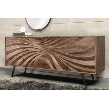 Příborník do zásuvky Masivní čokoládově hnědý čtyřdveřový příborník Viento s vyřezávaným dekorativním reliéfem se spirálovým designem 175 cm