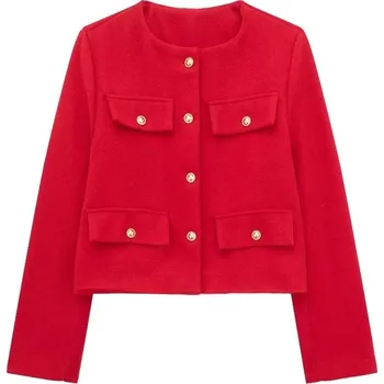 Dámské sako jarní sako s knoflíky a kapsami ve vintage stylu pro ženy Barva: Červená, Velikost: S