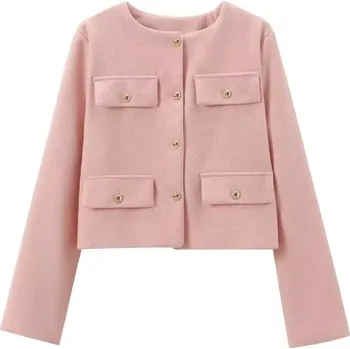 Dámské sako jarní sako s knoflíky a kapsami ve vintage stylu pro ženy Barva: Růžová, Velikost: M