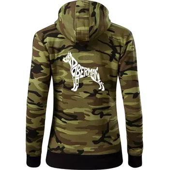 Dámská mikina Doberman - nápis v tělě - Dámská mikina trendy zipper s kapucí - XL ( Zelený maskáč )