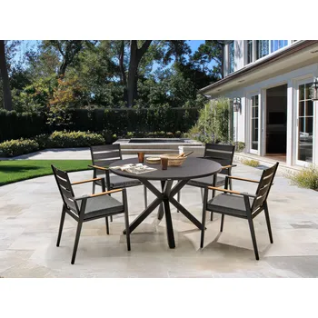 Zahradní sestava Venkovní jídelní sada černá kulatý hliníkový stůl keramická skleněná deska 4 černé židle s šedými sedáky Beliani