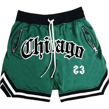 Pánské rychleschnoucí sportovní kraťasy Chicago Basketbalové fitness šortky s kapsami na zip Volné tréninkové kraťasy na léto zelená XXL