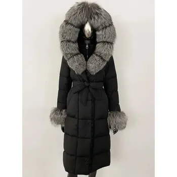 Dámská parka Dámská péřová bunda s límcem z liščí kožešiny Velikost: L, Barva (Varianta): black silver