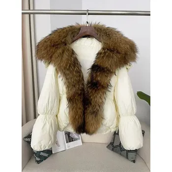 Dámská parka dámský zimní kabát s velkým límcem z pravé kožešiny Velikost: L, Barva (Varianta): beige natural