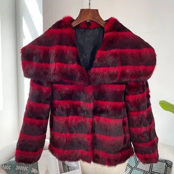 Dámský kožich Dámský zimní kabát s límcem z králičí kožešiny Barva: Červená, Velikost: XL