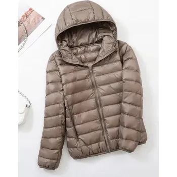 Dámská parka prošívaná péřová bunda s kapucí plus size Barva: Khaki, Velikost: M