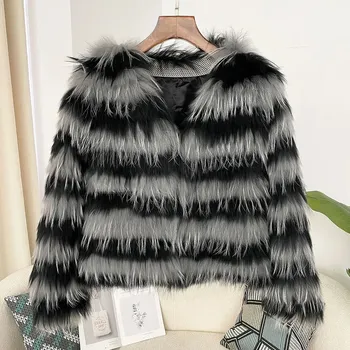 Dámská parka Dámský luxusní kožešinový kabát s pruhovaným vzorem Barva: Pruhovaná, Velikost: ONE SIZE