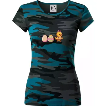 Evoluce vajíčka - velikonoce - kuře - Dámské maskáčové triko - M ( Petrolejová maskáč )