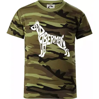 Doberman - nápis v tělě - Dětské maskáčové triko - 122 cm/6 let ( Zelený maskáč )