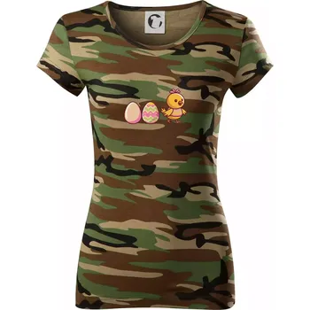 Dámské tričko Evoluce vajíčka - velikonoce - kuře - Dámské maskáčové triko - S ( Hnědý maskáč )